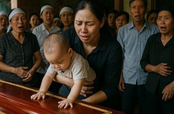 Người mẹ trẻ bế con đến viếng chồng cũ, lúc tiến vào sát linh cữu, vừa đặt đứa bé đến gần nhìn mặt bố lần cuối thì quan tài rung nhẹ