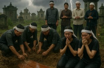 Quan tài vừa mới đặt xuống huyệt, đang lấp đất thì thì trời chuyển mưa giông dữ dội, sét bất ngờ đánh trúng vào giữa ngôi mộ