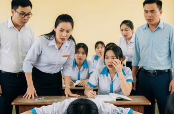 Chỉ mười lăm phút sau khi giám thị phát đề, Nam đột ngột dừng bút, em gụ:c đầu xuống bàn, không hoảng loạn, không rơi nước mắt, chỉ im lặng, không viết thêm một chữ nào