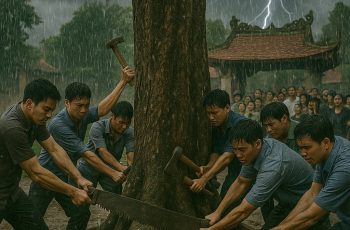 Dân làng chặt hạ cây cổ thụ đầu đình để mở đường, đêm đó cả làng bất ngờ mất điện, sấm chớp đùng đùng, sáng hôm sau nhà nào có trẻ con cũng khóc
