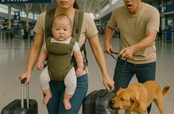 Người mẹ địu theo con nhỏ ra sân bay, vừa đặt vali xuống chú chó của người bên cạnh liên tục sủa dữ dội cắn vỡ cả hành lý