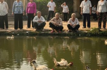 Thằng Tí chạy ào đến nhà bà Hạnh, mặt mày hớt hải: “Bà ơi, ra ao làng mà xem! Gà! Gà đầy ao!”