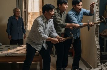Tùng để ý thấy mùi hôi mạnh nhất gần bức tường chính của phòng khách, nơi có một vết nứt nhỏ chạy dọc lớp gạch