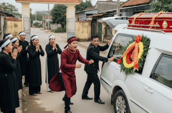 Xe tang vừa rẽ khỏi cổng làng thì chú rể ở đám cưới kế bên bỗng lao ra gõ liên tục vào quan tài, miệng hét không ngừng