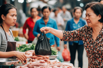 Sáng nào cũng 4h giờ đã đi lấy thịt lợn về đem ra chợ bán, chồng ở nhà ngủ đến 10h trưa mới dậy nấu cơm, một hôm chị hàng xóm đến tận nơi xưng xỉa đặt vào tay tôi một túi bóng đen