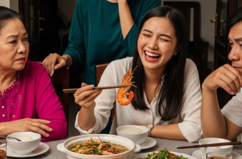 Đĩa tôm chỉ còn lại đầu và vỏ, còn phần thịt trắng nõn đã được bóc sạch, nằm gọn trong bát của Linh