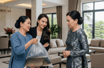 “Ôi, cá ao à? Nhà tôi không quen ăn mấy thứ này đâu, chị Tâm. Khẩu vị nhà giàu;