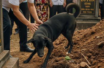 Con chó Mực, giờ đã già, vẫn nằm dài bên hiên nhà, như thể hài lòng vì đã hoàn thành nhiệm vụ cuối cùng cho chủ cũ.
