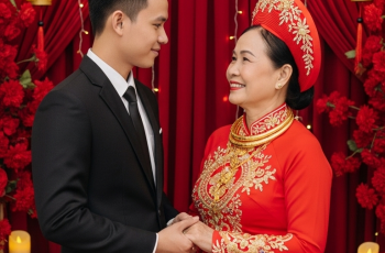 Bà ta mặc áo dài lụa đỏ, bàn tay đeo nhẫn vàng siết chặt tay tôi. “Từ giờ, cậu là chồng ta, Nam ơi,”