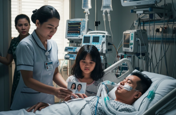 Chồng tôi nhập viện ở Sài Gòn. Con gái kéo tôi trốn trong tủ quần áo. Một y tá lạ bước vào, ôm chồng tôi và nói với con bé: “Mẹ cháu là tôi.” Trái tim tôi vỡ nát. Tôi định quay lưng bỏ đi. Nhưng đúng khoảnh khắc ấy công an xuất hiện.
