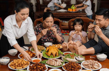 Vừa gọi đồ ăn gà cá ê hề về nhà định gọi mẹ đẻ sang ăn thì thấy mùi mẹ chồng đã liền mời gia đình 2 em chồng với 4 đứa cháu