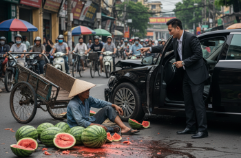Chồng tôi đi bán dưa hấu rồi bị chiếc ô tô đâm phải, toàn bộ xe dưa vỡ hết nhưng người đàn ông từ ô tô bước xuống nói thẳng 1 câu” Đừng có ngồi đó mà ăn vạ, cầm lấy 500 nghìn rồi lượn đi”
