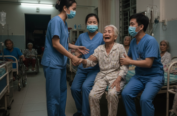 Bà Tính ngồi trên xe lăn, lặng lẽ nhìn theo, trong mắt chẳng còn giận dữ, chỉ còn nỗi đau tột cùng.