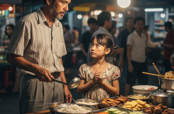 Tôi gọi thêm một dĩa cơm, đưa cho bé. Bé nhìn chằm chằm, như không tin:  – Chú… chú cho con ăn hết luôn hả?